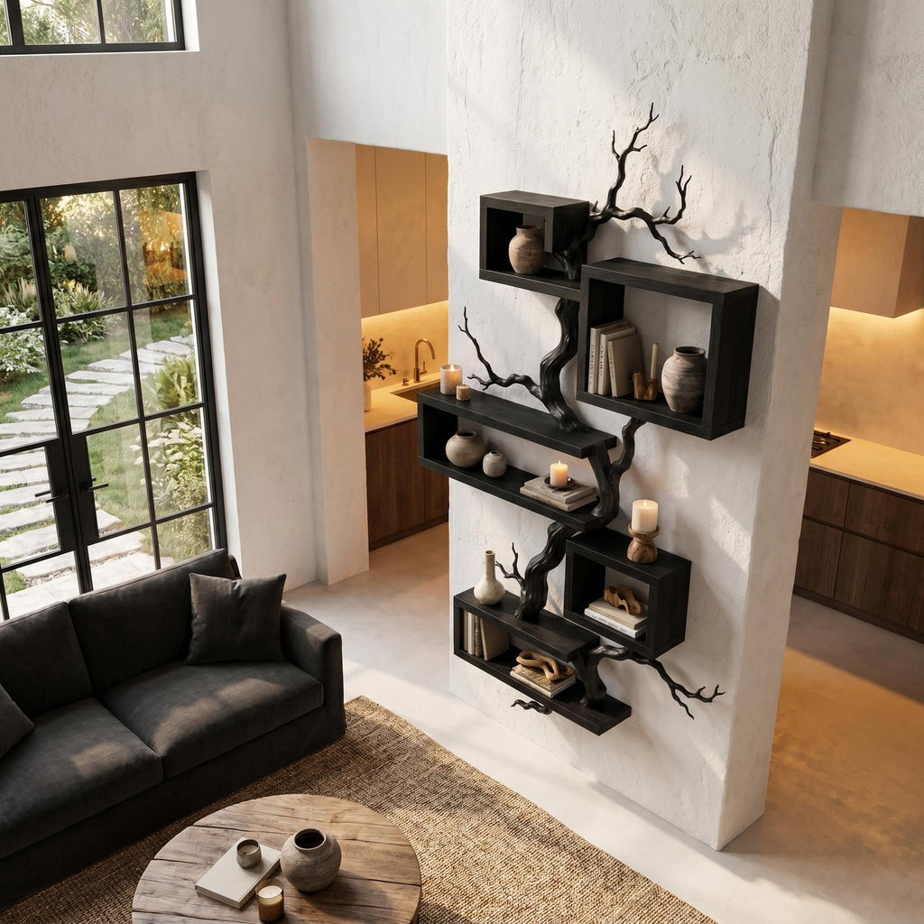Organic Sculptural Floating Shelf With Tree Branch Design For Living Room