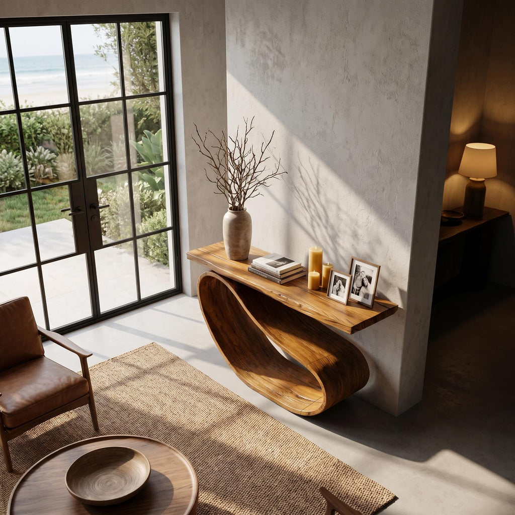 Minimalist Console Table With Sculptural Wood Base For Entryway