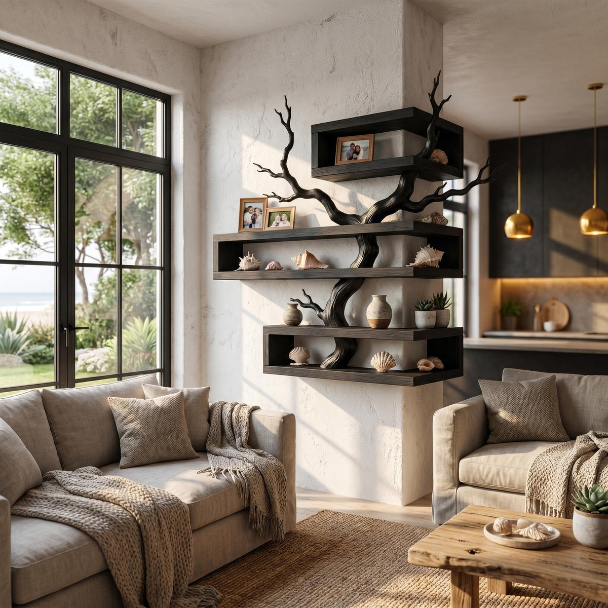 Rustic Corner Floating Shelf With Artistic Branch Shelves For Living Room