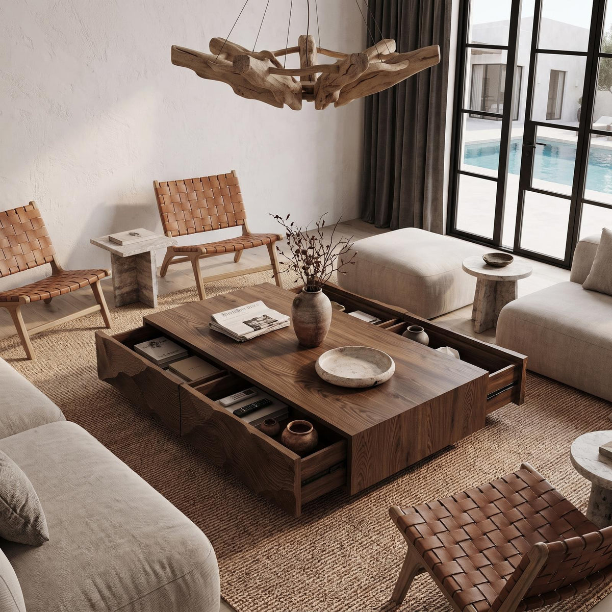 Contemporary Coffee Table With Sculptural Carved Drawer Front For Living Room SINLHACF424