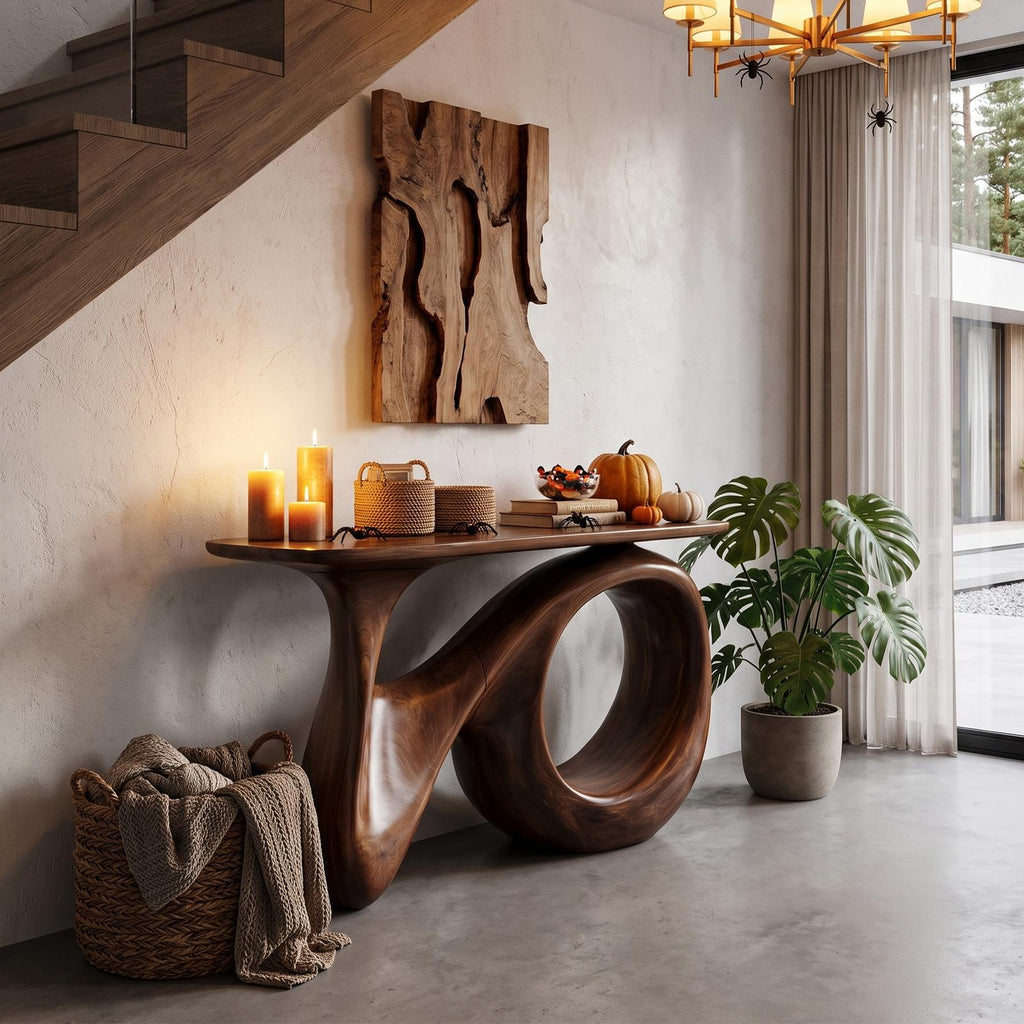 Natural Halloween Hallway Table With Carved Gothic Arch Frame For Foyer