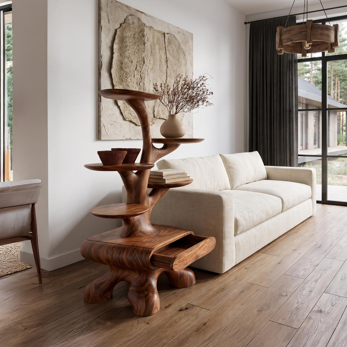 Rustic Tree Side Table With Tiered Display Shelves For Living Room