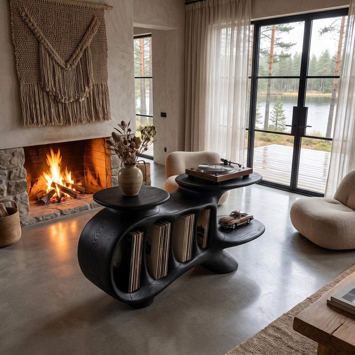Natural Turntable Console With Sculptural Display Sections For Living Room