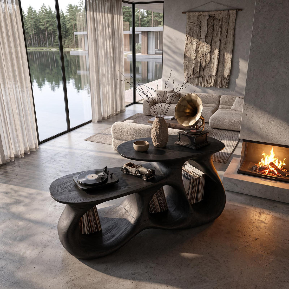 Contemporary Vinyl Record Cabinet With Interlocking Curved Forms For Living Room