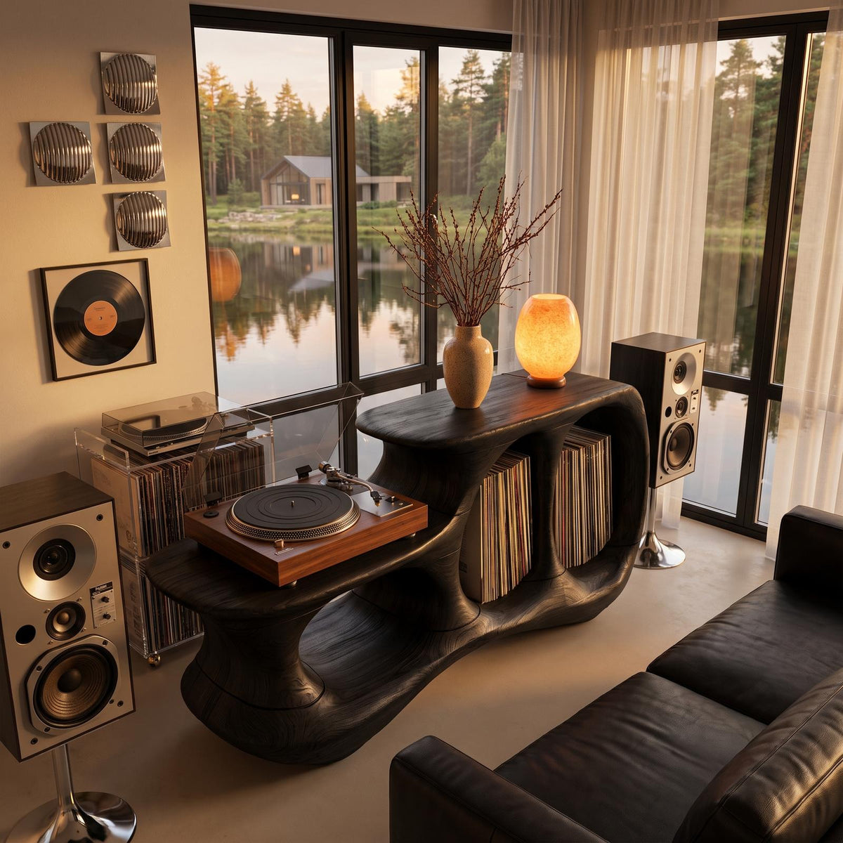 Natural Record Player Stand With Flowing Sculptural Frame For Living Room