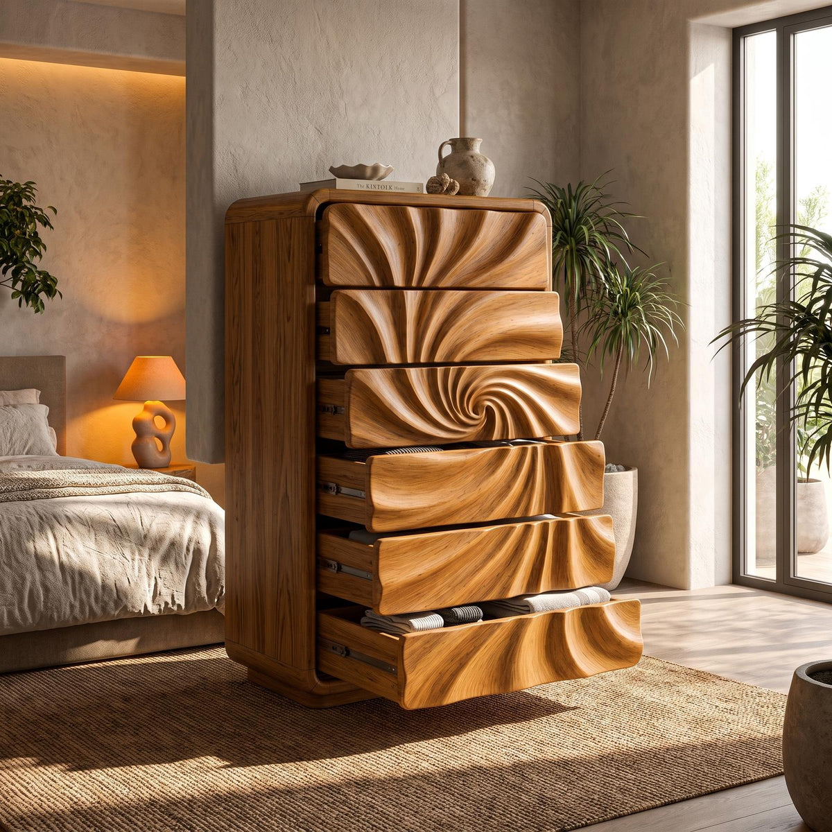 Modern Tall Dresser With Flowing Wave Drawer Design For Bedroom