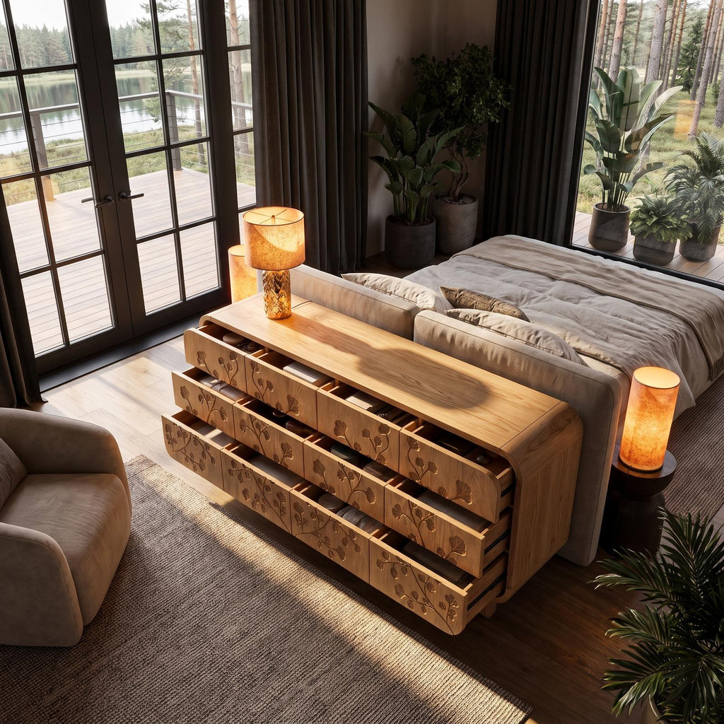 Minimalist All Wood Dresser With Subtle Leaf Carving And Soft Rounded Frame For Bedroom