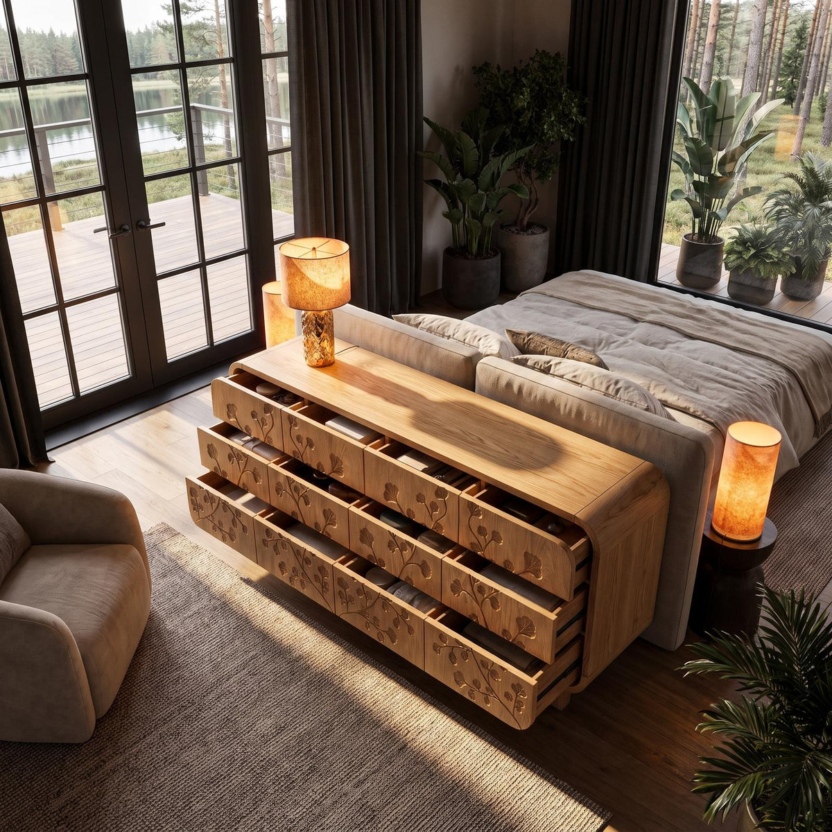 Minimalist All Wood Dresser With Subtle Leaf Carving And Soft Rounded Frame For Bedroom