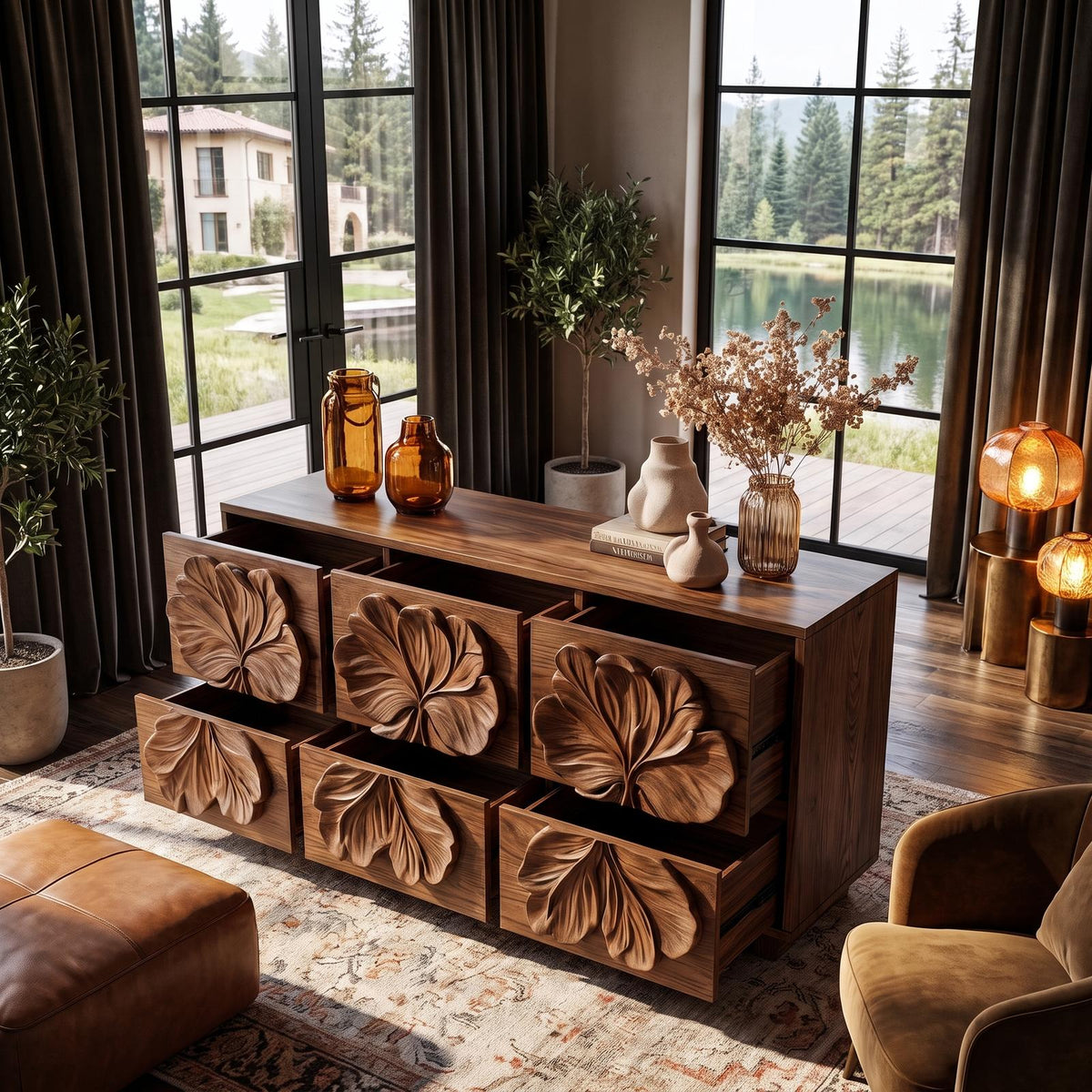 Rustic Bedroom Dresser With Hand Carved Floral Drawer Fronts And Natural Form For Bedroom