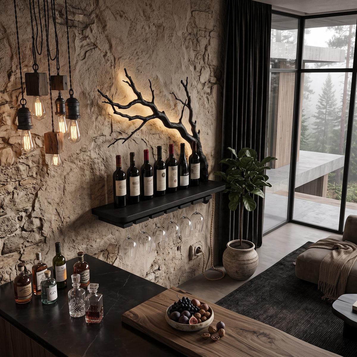 Rustic Wall Mounted Wine Rack With Wine Glass Holder For Dining Room And Home Bar