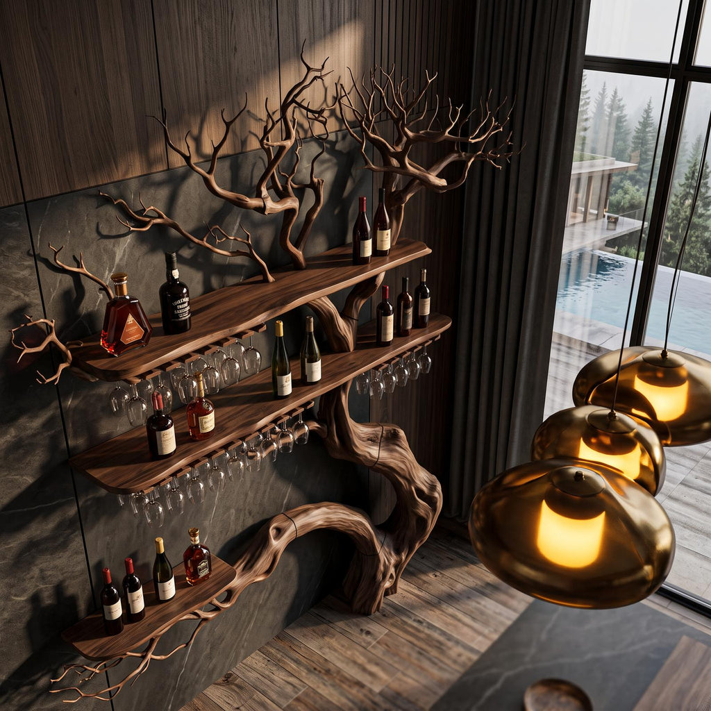 Farmhouse Wall Hanging Wine Rack With Rustic Tree Silhouette For Dining Room