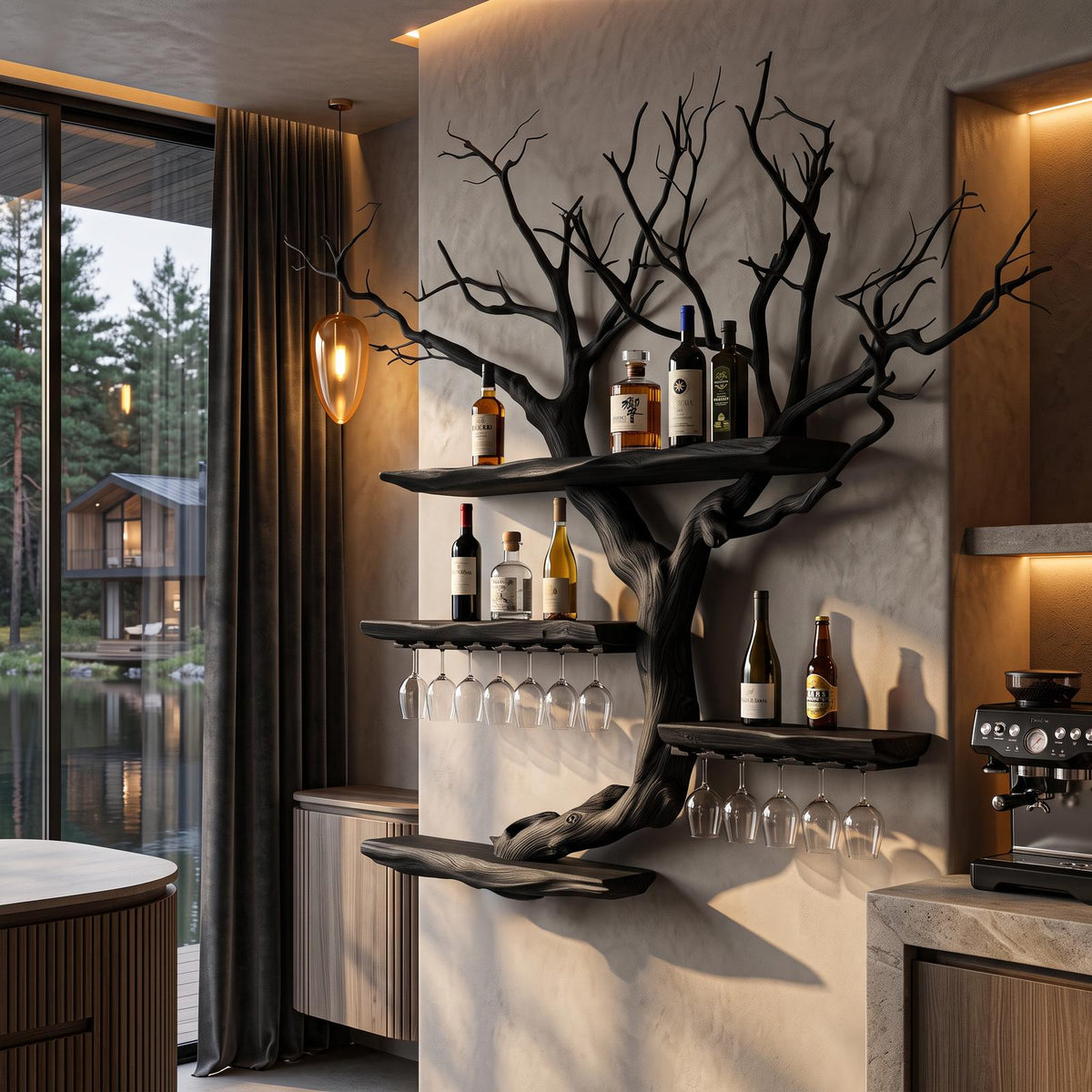 Organic Wine Storage Rack With Flowing Tree Limb Design For Dining Room
