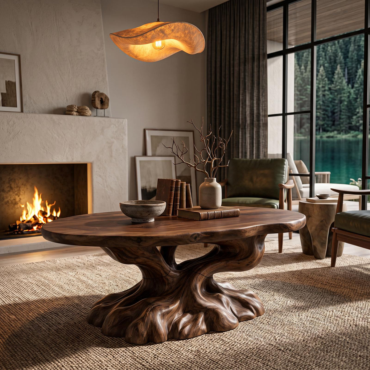 Rustic Coffee Table With Tree Root Inspired Base For Living Room