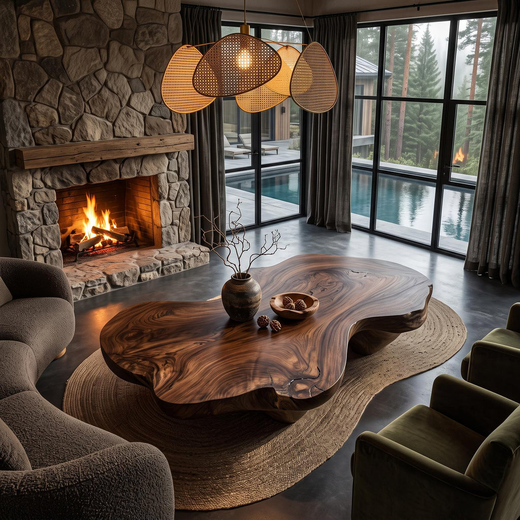 Rustic Walnut Coffee Table With Freeform Live Edge Top For Living Room