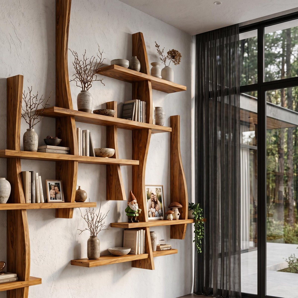 Rustic Floating Bookshelf With Layered Display Shelves For Home Library