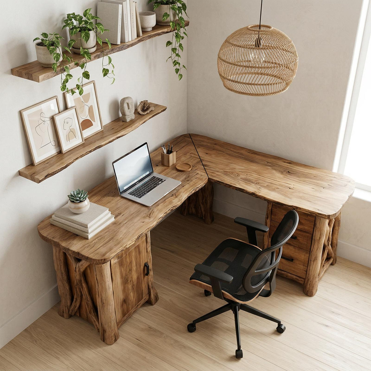 Modern Rustic L-Shape Office Desk with Storage, Solid Wood Corner Workstation, Study Writing Table