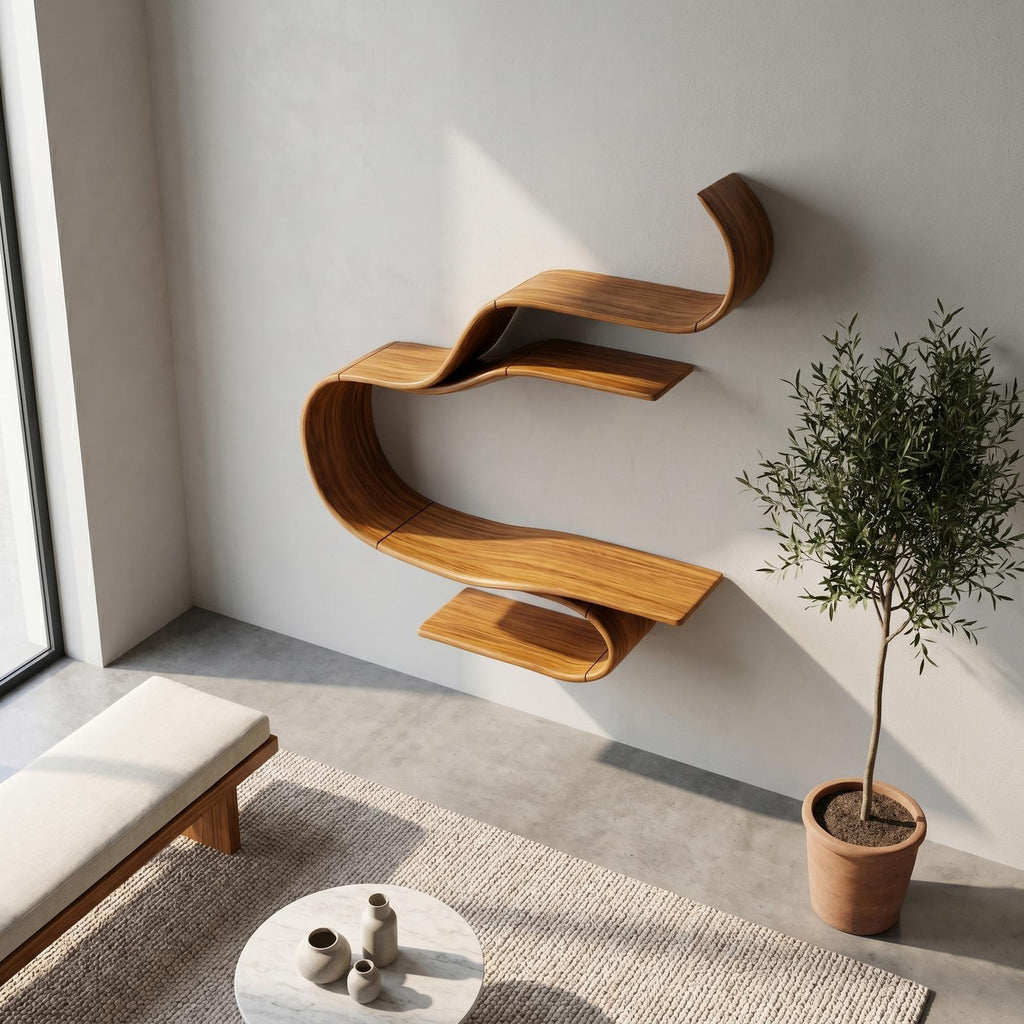 Sculptural Curved Floating Wall Shelf, Modern Solid Wood Display Shelf for Living Room, Bedroom Decor