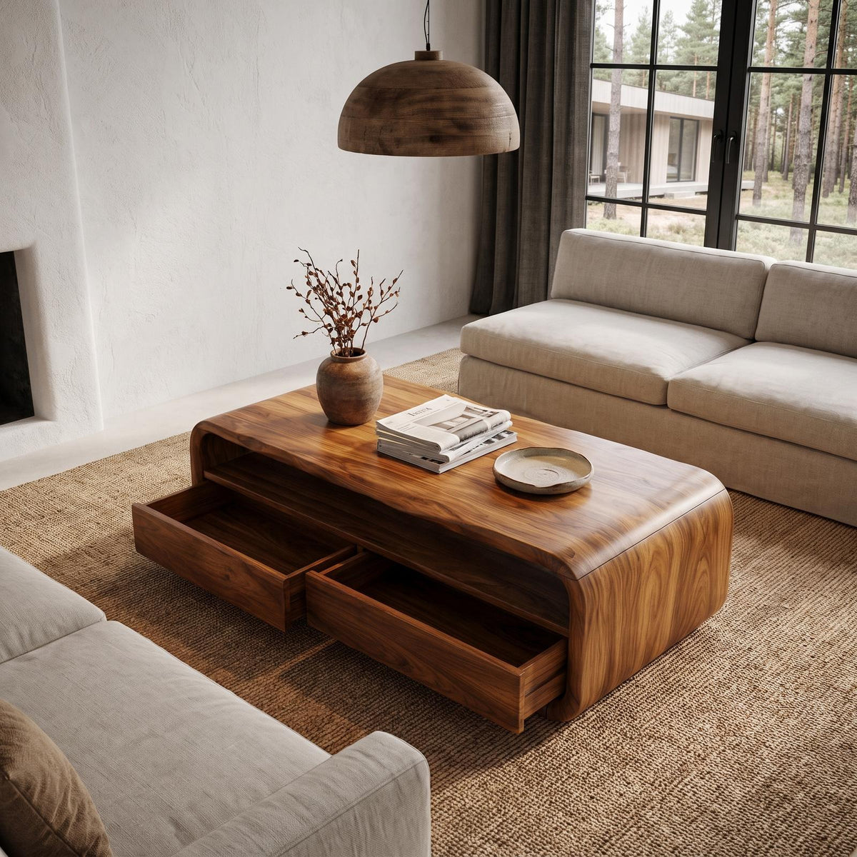 Mid Century Coffee Table With Rounded Frame Storage For Living Room SINLHACF423