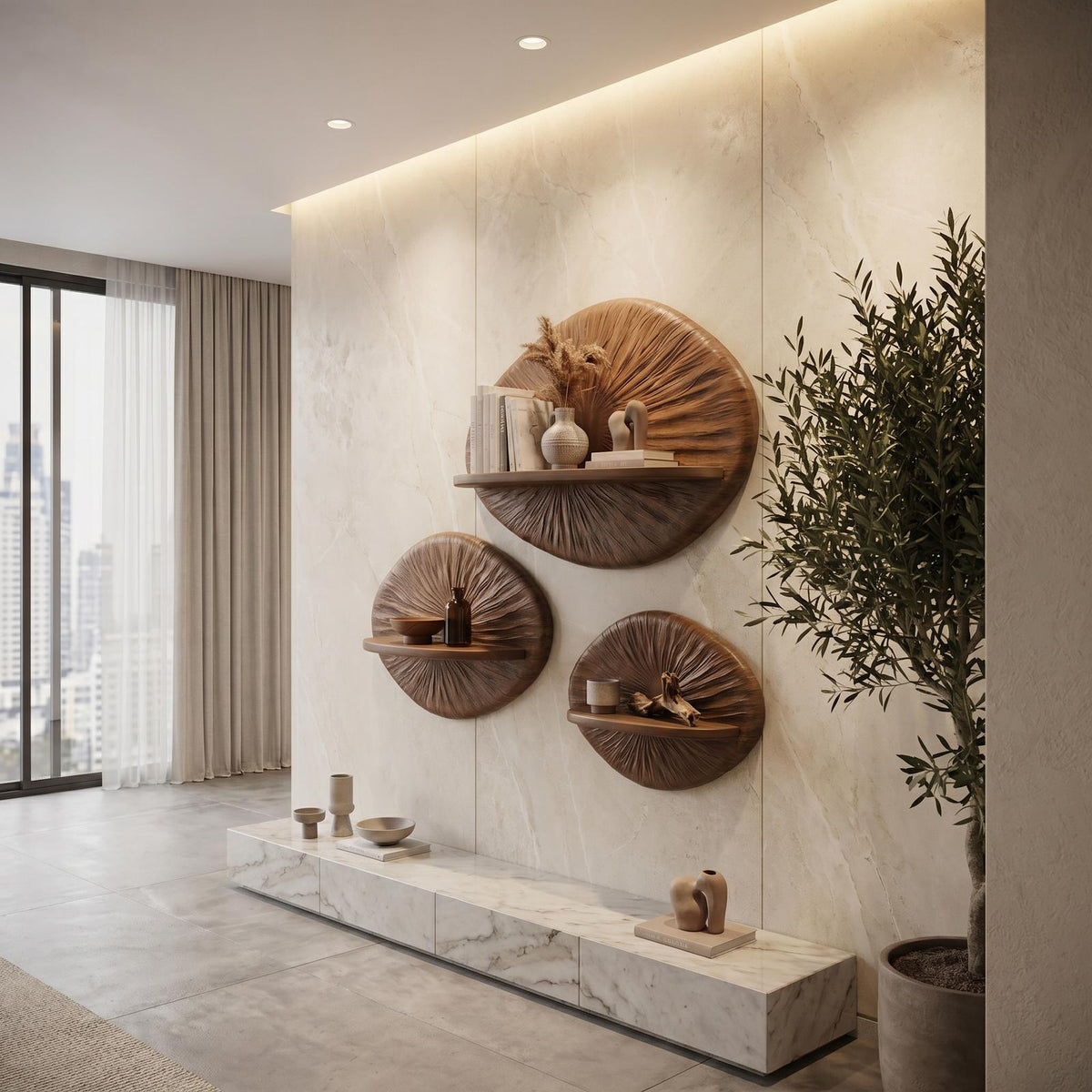 Round Sunburst Floating Wall Shelf, Decorative Handcrafted Solid Wood Display Ledge for Living Room