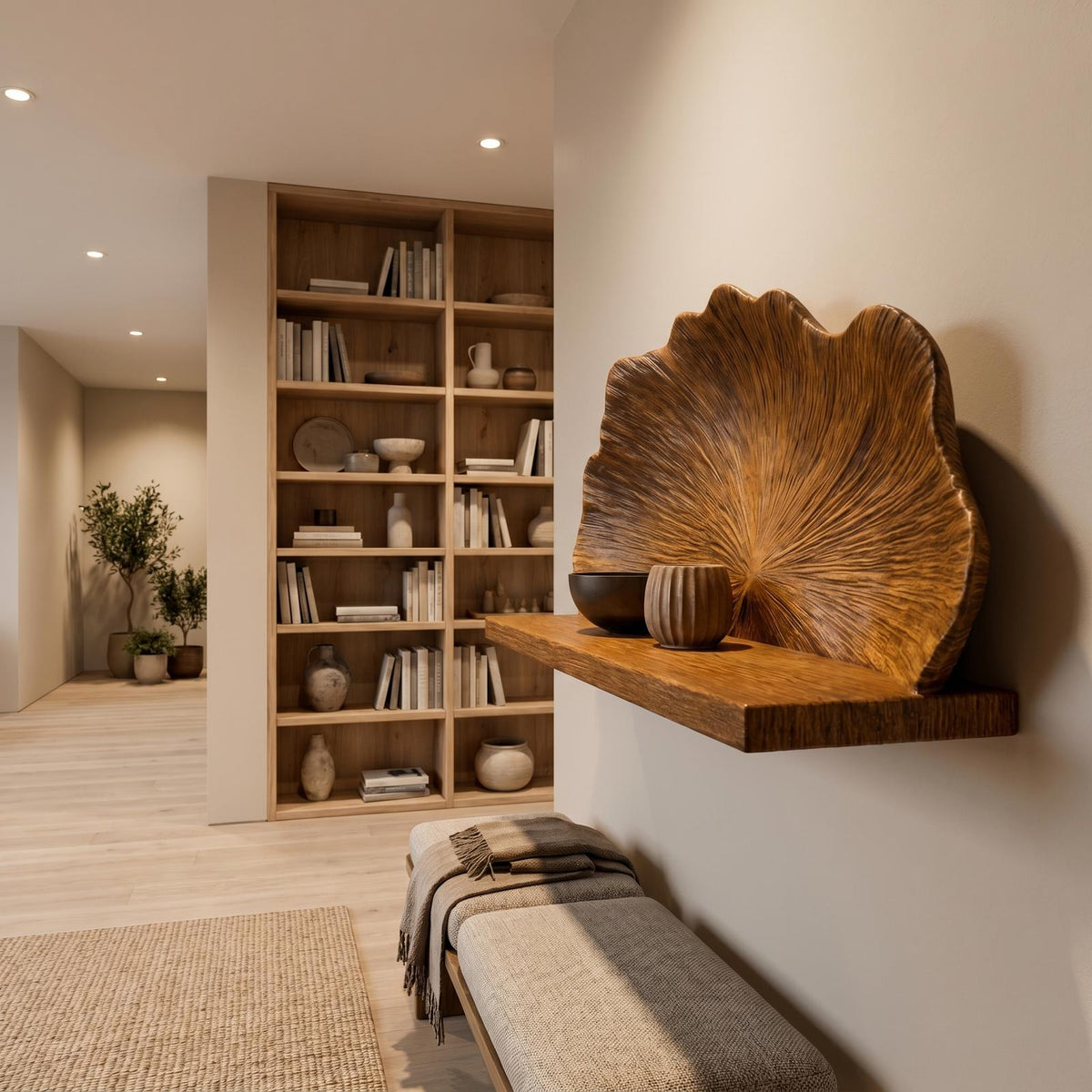 Spry Interior Carved Shell Shape Floating Wall Shelf, Decorative Solid Wood Hanging Ledge for Bedroom Living Room, SINLHAFL537