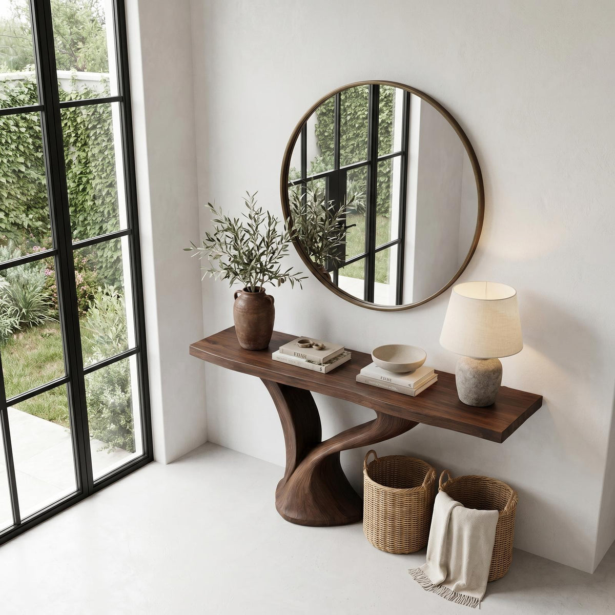 Spry Interior Organic Console Table, Sculptural Twin Curved Wooden Base Entryway Table for Living Room, SINLHACS577