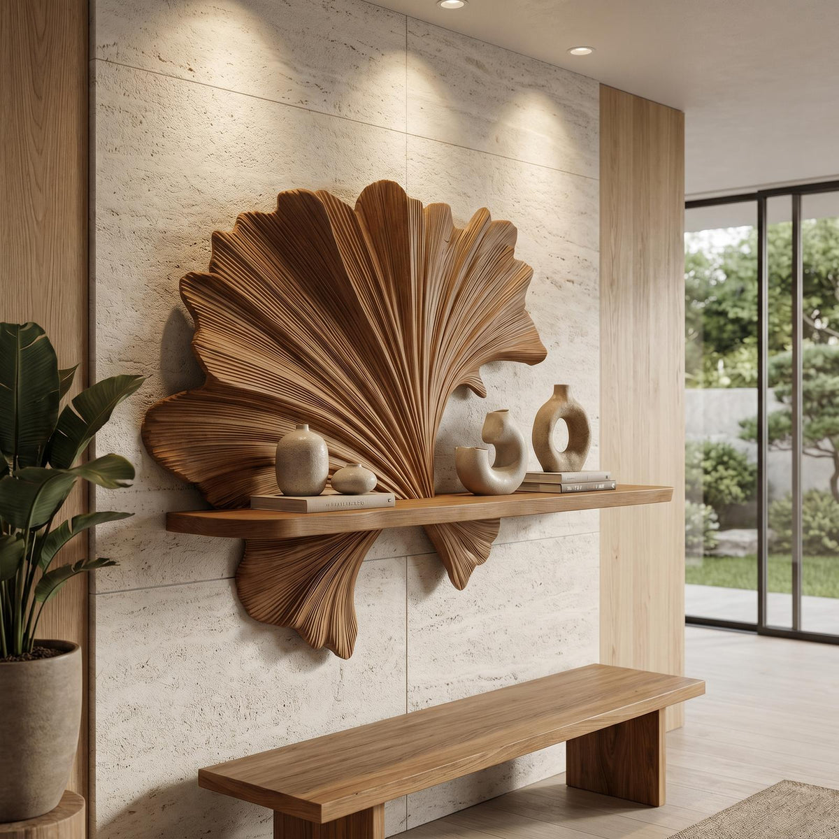 Carved Fan Shape Floating Wall Shelf, Handcrafted Solid Wood Decorative Display Ledge for Living Room