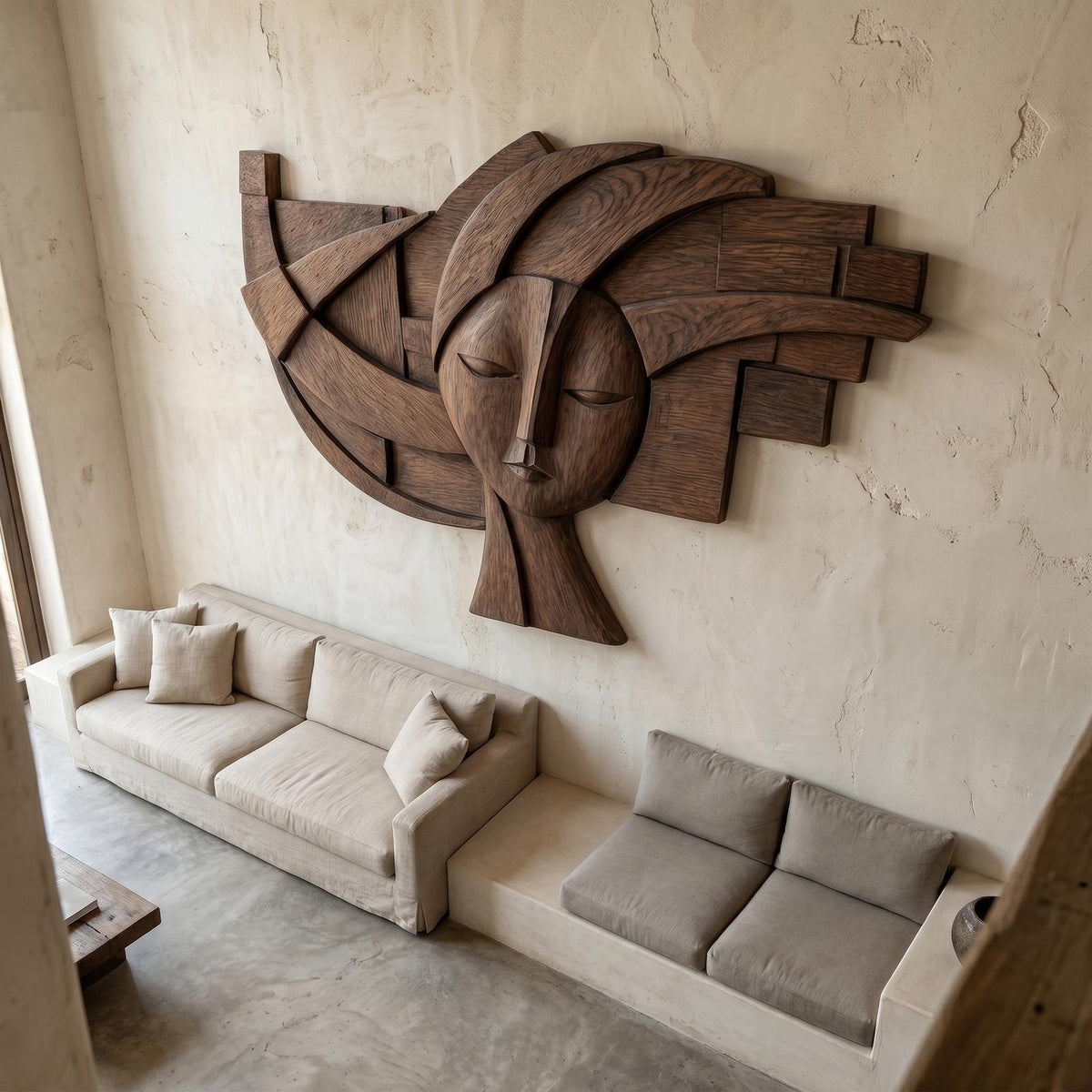 Spry Interior Abstract Tribal Face Wooden Wall Decor, Handcrafted Modern Wood Portrait Art Panel for Living Room, SINLHAWD073