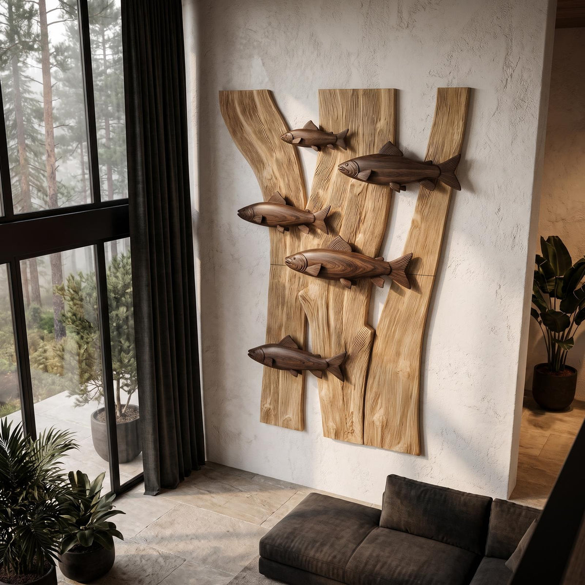 Contemporary Wooden Fish Wall Decor With Sculptural River Scene For Living Room And Entryway SINLHAWA142