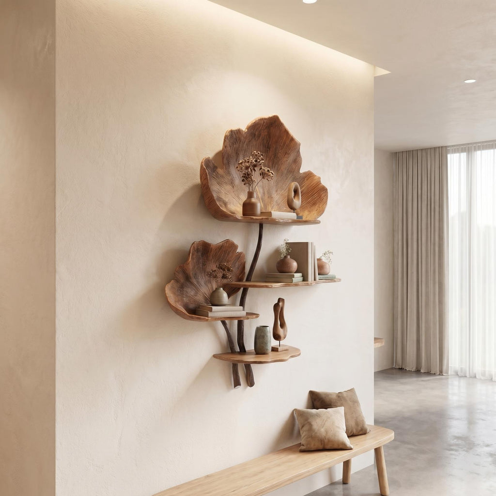 Organic Tree Wall Shelf, Leaf Shape Design Floating Solid Wood Display Rack for Bedroom Living Room