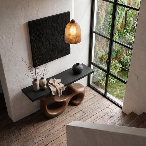 Artistic Sculptural Console Table, Abstract Hollow Wood Base Entryway Table for Living Room