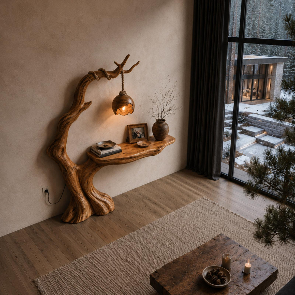 Organic Console Table With Tree Branch Floor Lamp Design For Entryway And Living Room SINLHACS689