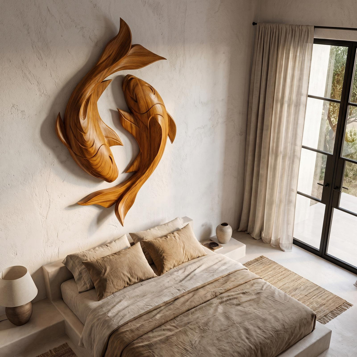Contemporary Wood Wall Sculpture With Carved Koi Fish Design For Living Room And Office SINLHAWA143