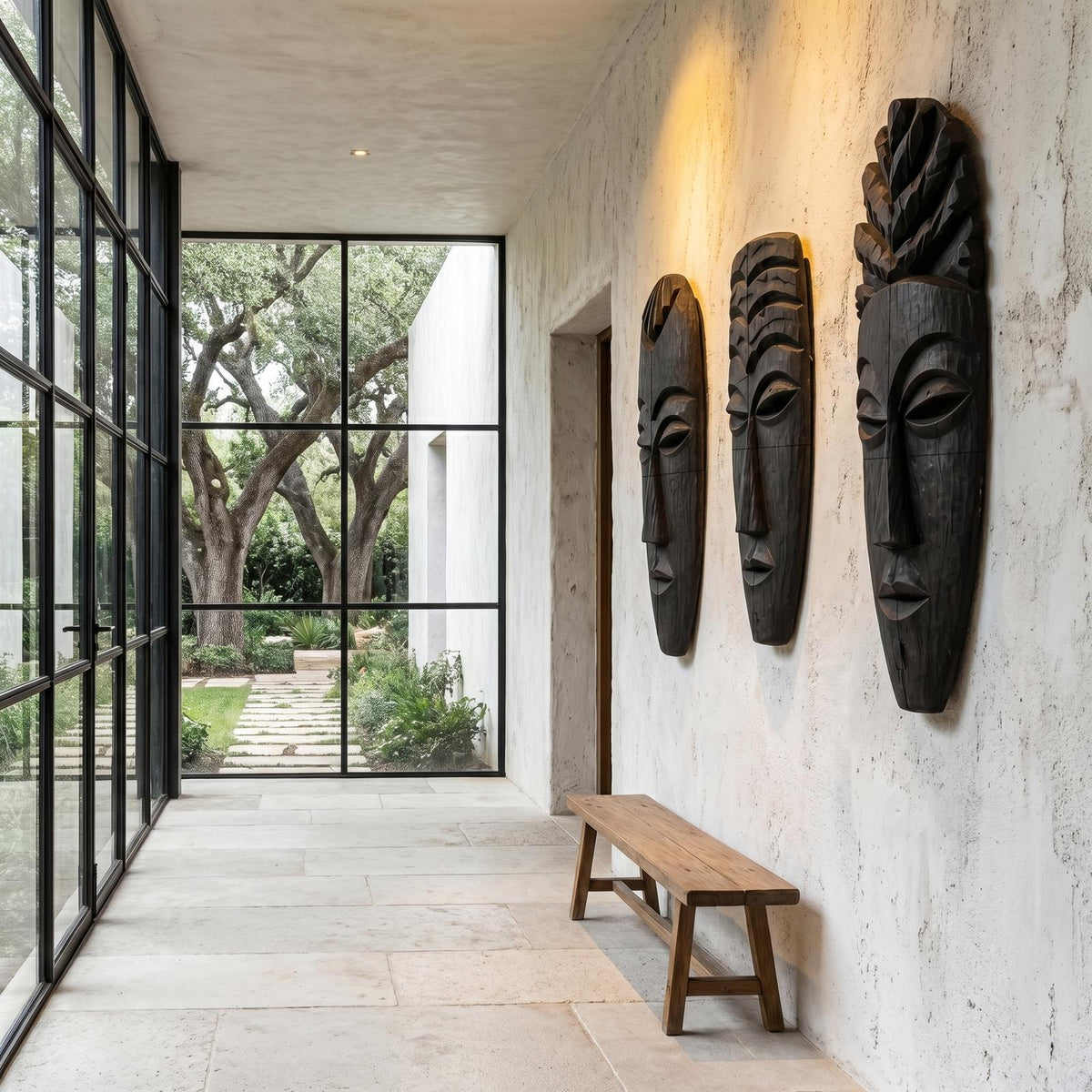 Tribal Wooden Wall Art Set, Hand-Carved African Mask Design Wooden Plaque for Entryway & Living Room