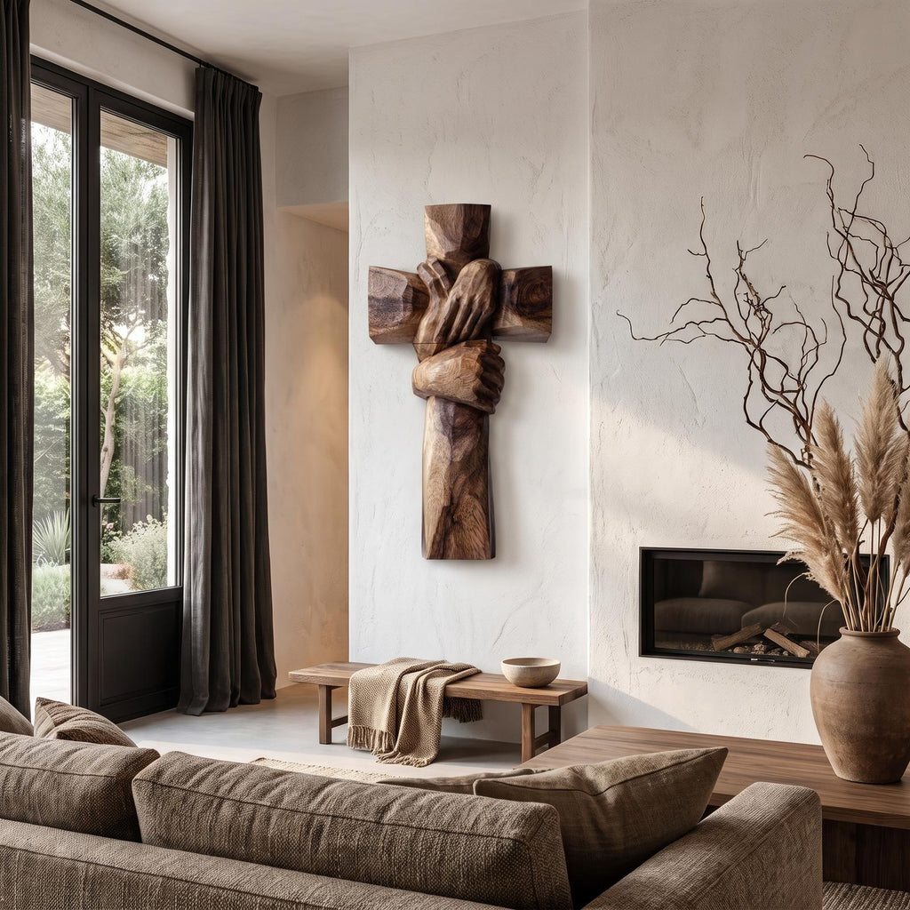 Rustic Wood Cross Wall Art With Praying Hands Design For Living Room And Prayer Room