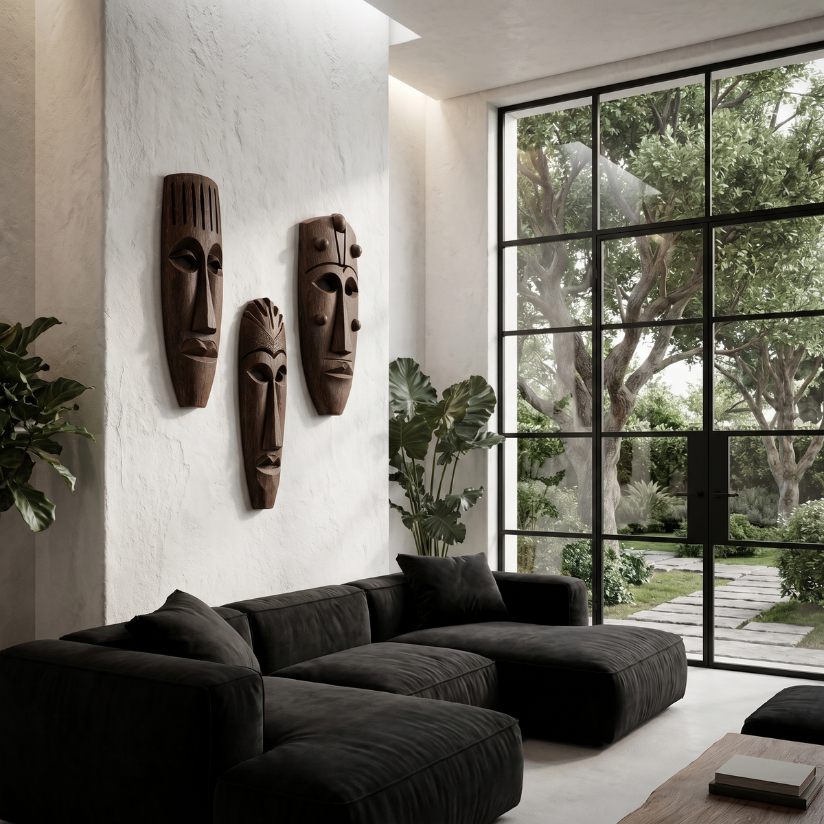 Hand-Carved Wooden Wall Art Set, Tribal Mask Decorative Wood Hanging Sculptures for Living Room & Entryway