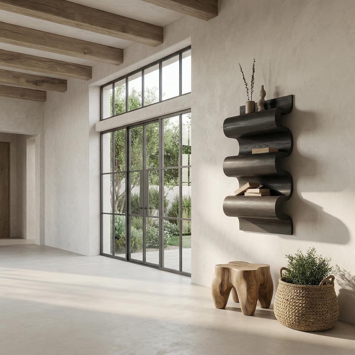 Unique Sculptural Wall Bookshelf, Floating Solid Wood Wave Display Shelf for Living Room & Bedroom