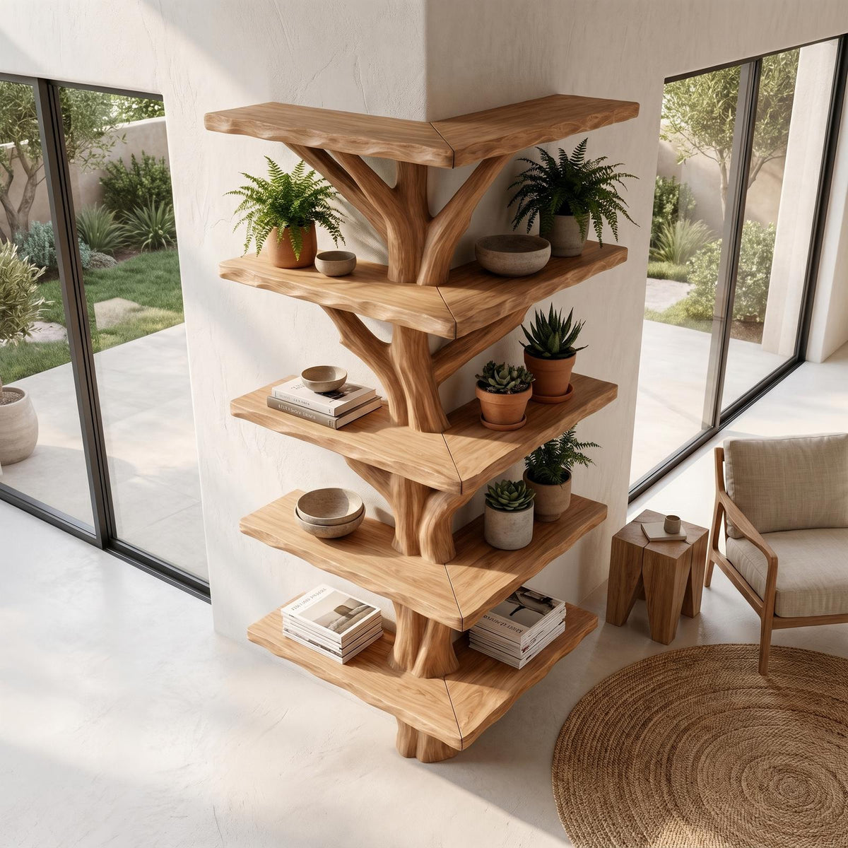 Organic Modern Tree Bookcase, Artistic Branch Solid Wood Storage Rack for Home Office & Study Room