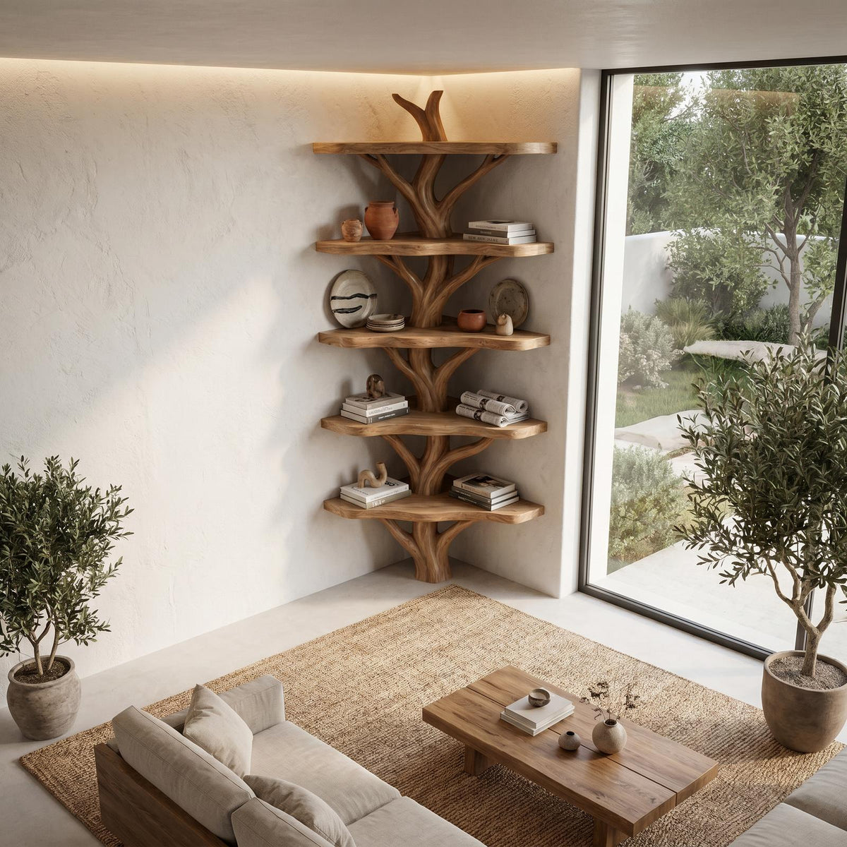 Sculptural Tree Bookshelf, Handcrafted Solid Wood Multi-Tier Open Shelving Unit for Cozy Reading Corner