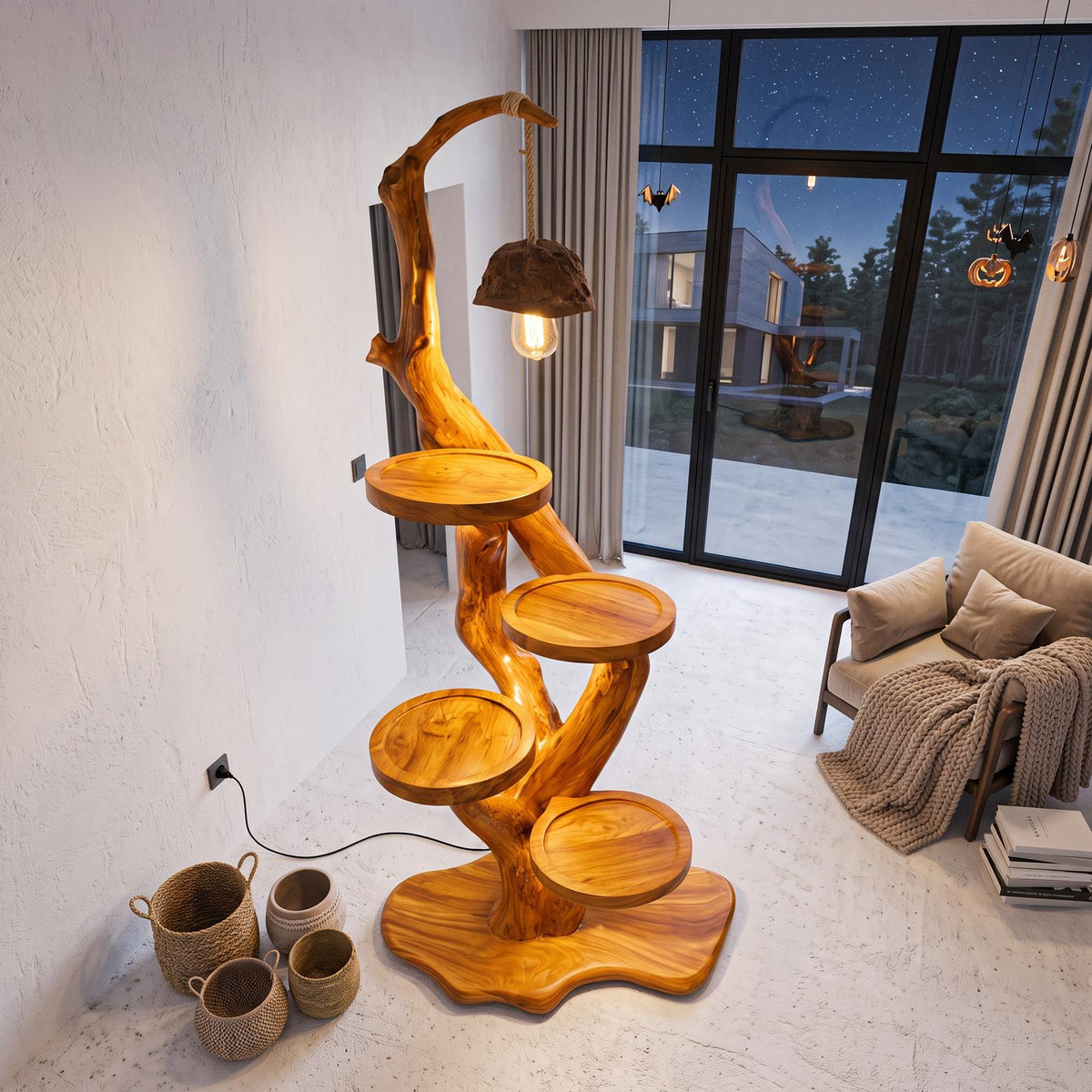 Rustic Halloween Tree Plant Stand With Hanging Lamp For Living Room