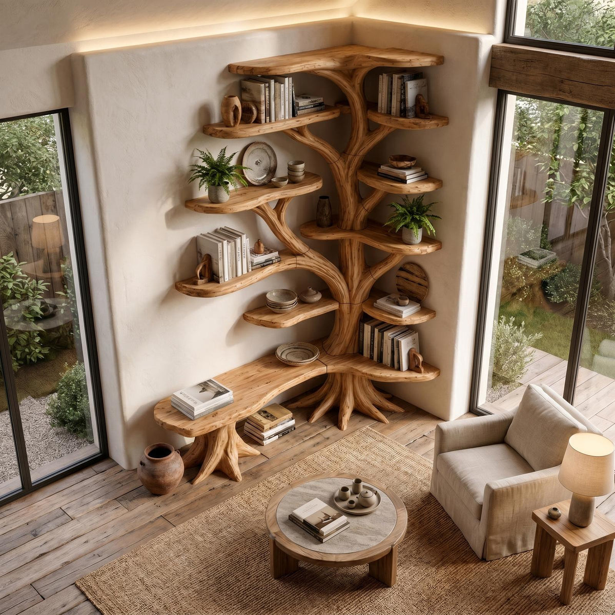 Organic Tree Bookshelf, Sculptural Branch Design Solid Wood Multi-Tier Display Rack for Living Room