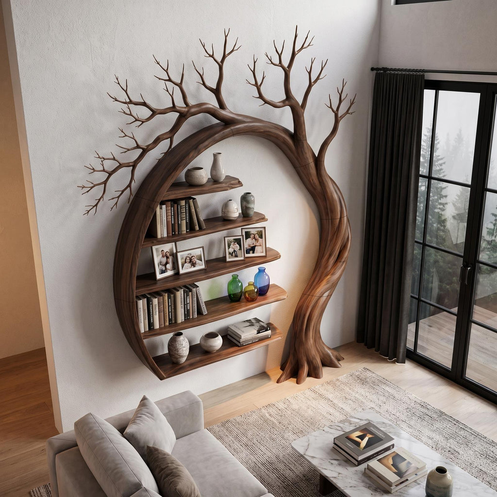 Natural Tree Bookshelf With Circular Branch Design For Living Room And Reading Nook
