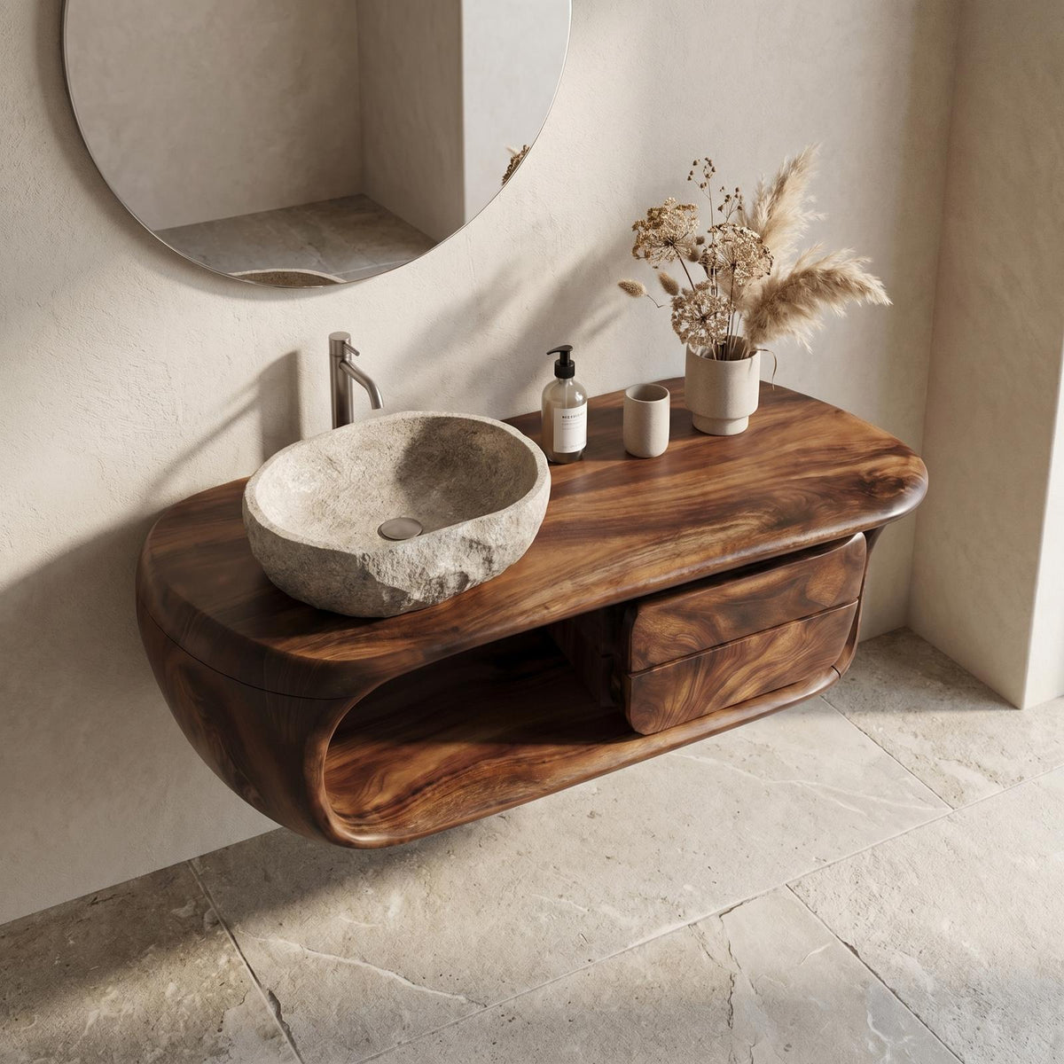 Spry Interior Floating Bathroom Vanity with Curved Wood Base, Wall Mounted Solid Wood Storage Drawer Sink Console, SINLKIBRV304