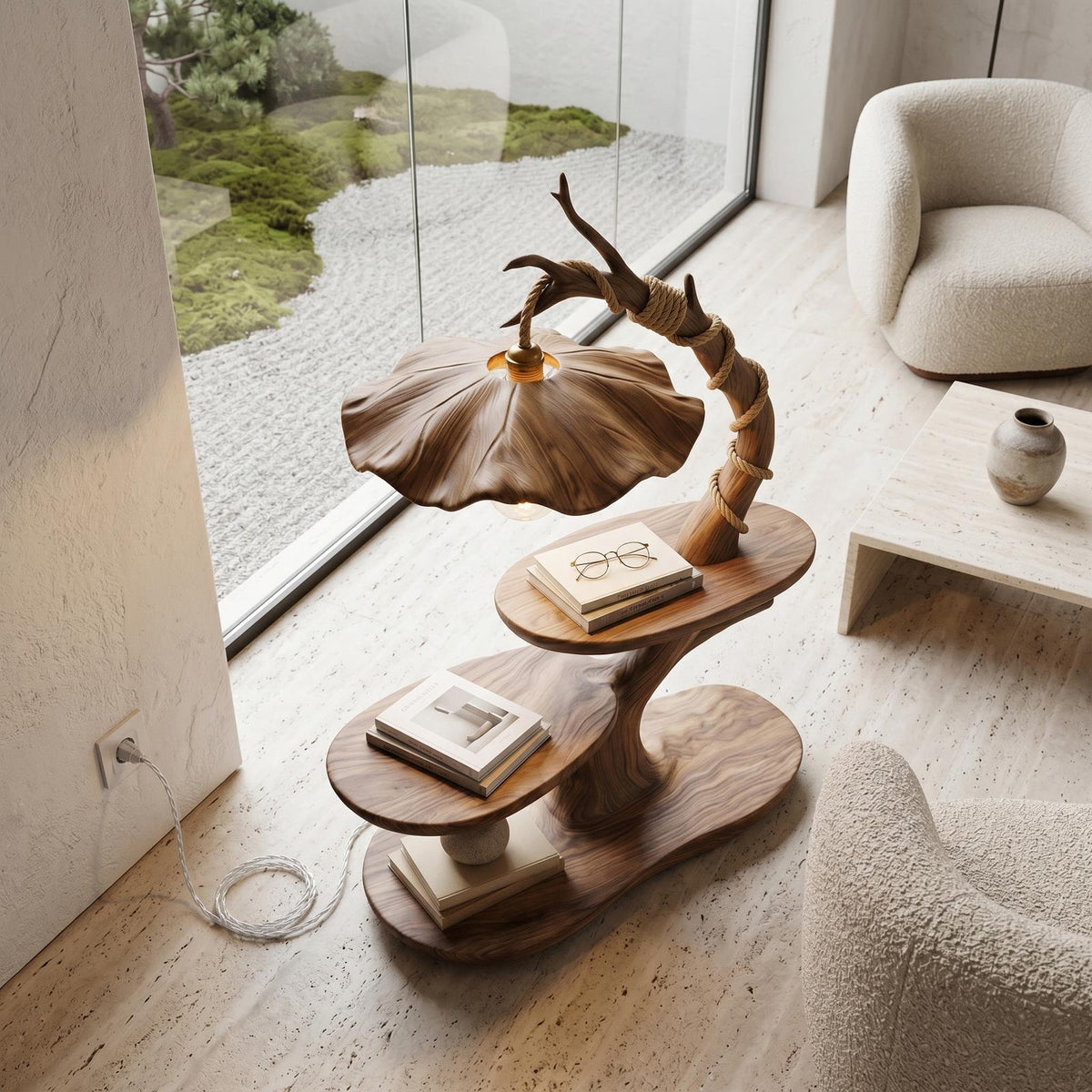 Sculptural Bedside Table with Tree Branch Lamp, Open Storage Shelves, Solid Wood Nightstand for Bedroom