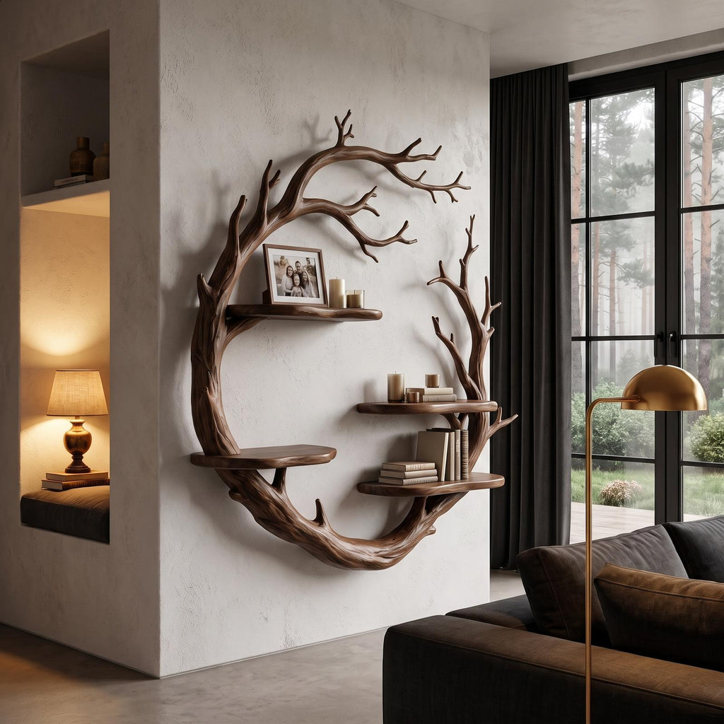 Contemporary Floating Shelf With Tree Branch Display Design For Living Room And Hallway SINLHAFL056