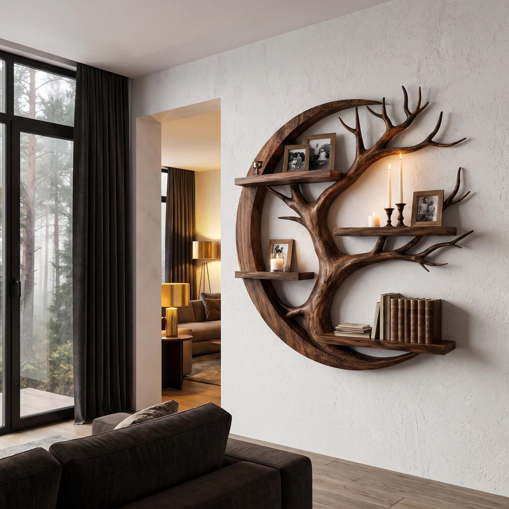 Rustic Floating Shelf With Tree Branch Wall Display For Living Room And Entryway