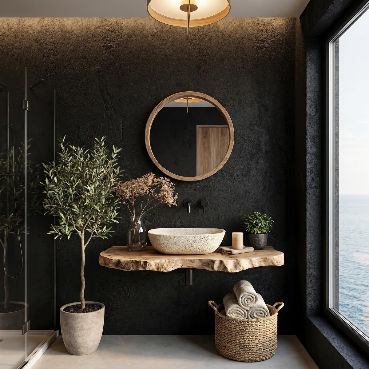 Rustic Floating Bathroom Vanity, Handcrafted Live Edge Solid Wood Shelf for Powder Room & Master Bath