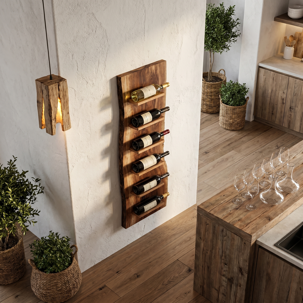Organic Wall Mounted Wine Rack, Handcrafted Natural Wood Hanging Bottle Holder for Kitchen & Bar
