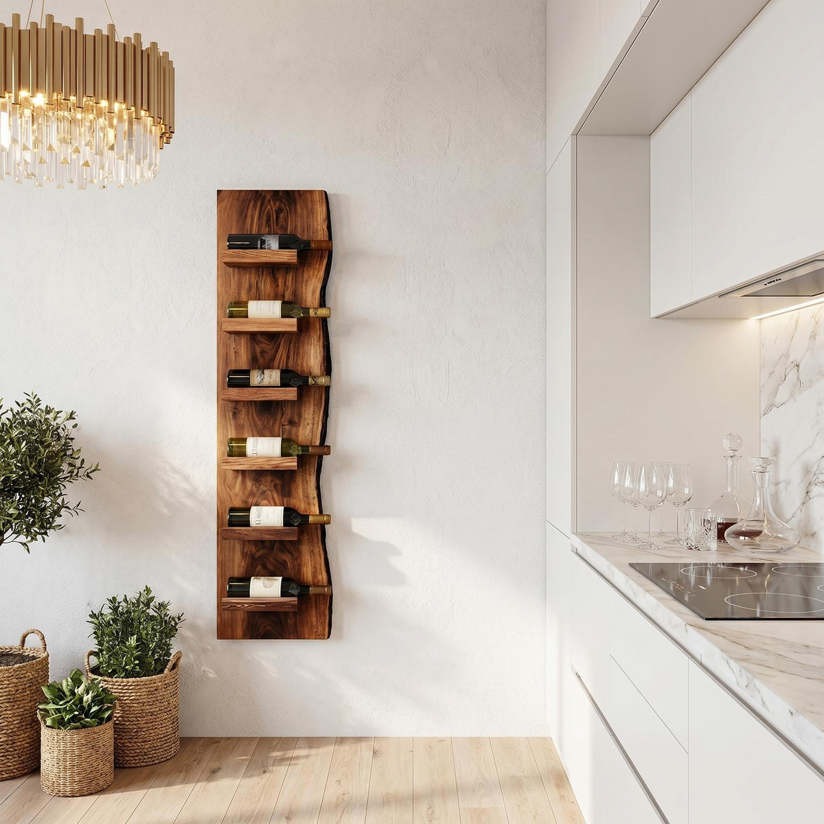 Rustic Wall Mounted Wine Rack, Vertical Solid Wood Bottle Holder & Storage Shelves for Kitchen & Dining