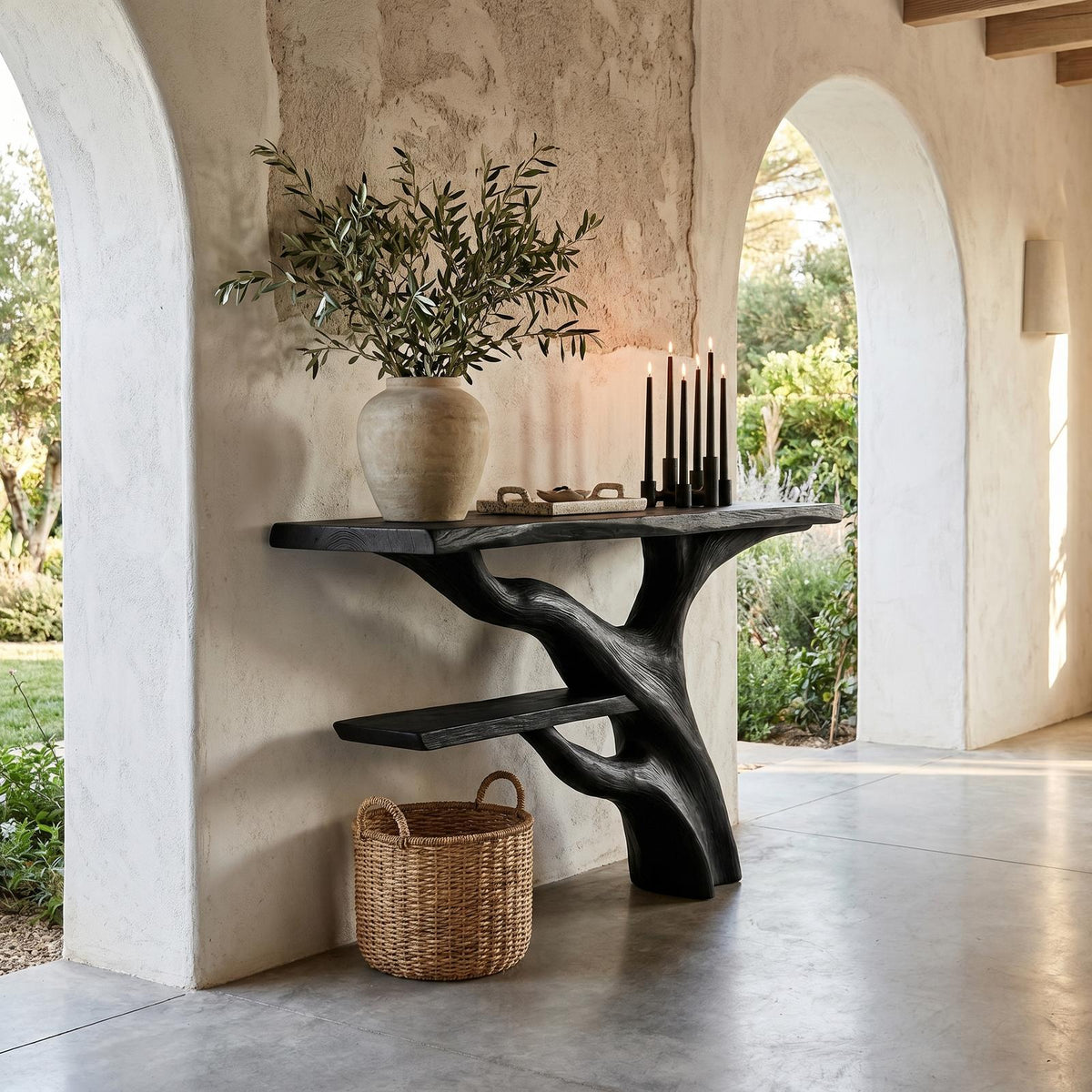 Sculptural Console Table, Abstract Tree Branch Wood Base & Solid Wood Top for Entryway & Foyer