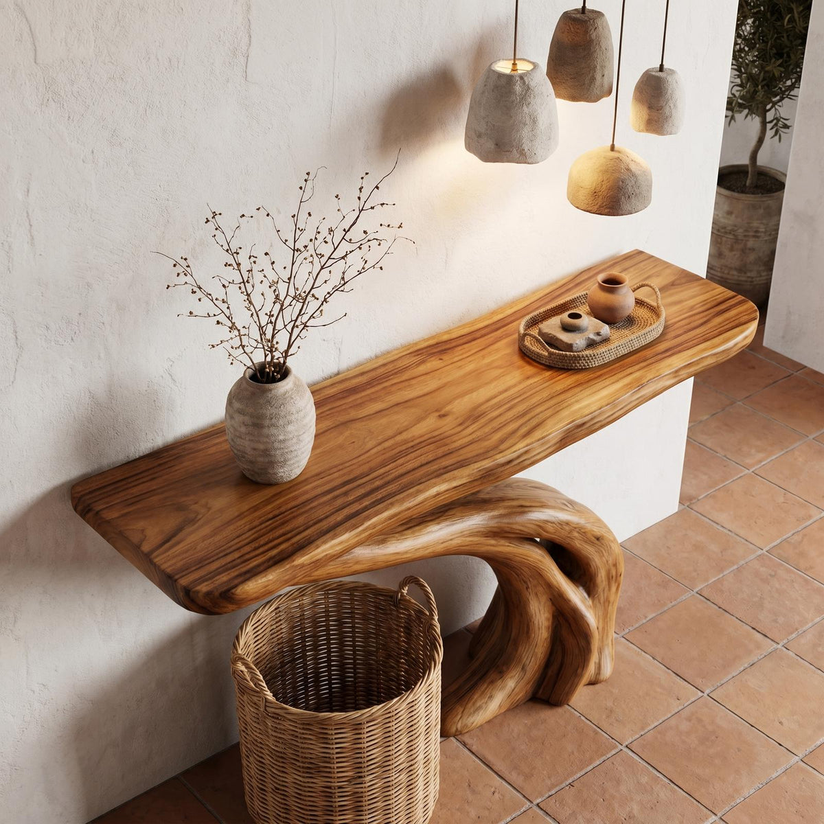 Organic Curved Console Table, Soft Flowing Solid Wood Base for Entryway, Foyer & Living Room Decor